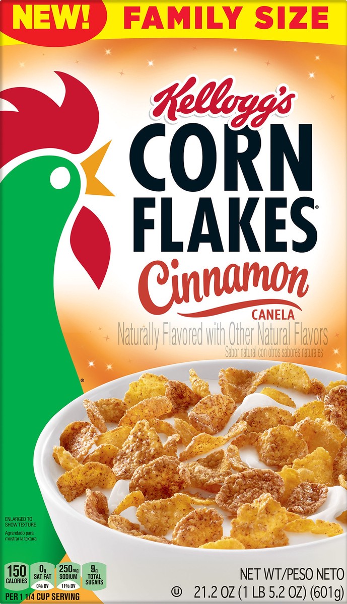 slide 4 of 8, Corn Flakes Kellogg's Corn Flakes Breakfast Cereal, 8 Vitamins and Minerals, Healthy Snacks, Family Size, Cinnamon, 21.2oz Box, 1 Box, 21.2 oz