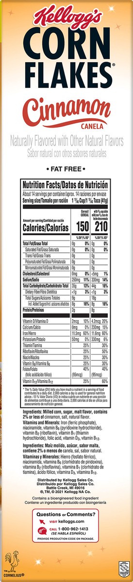 slide 6 of 8, Corn Flakes Kellogg's Corn Flakes Breakfast Cereal, 8 Vitamins and Minerals, Healthy Snacks, Family Size, Cinnamon, 21.2oz Box, 1 Box, 21.2 oz
