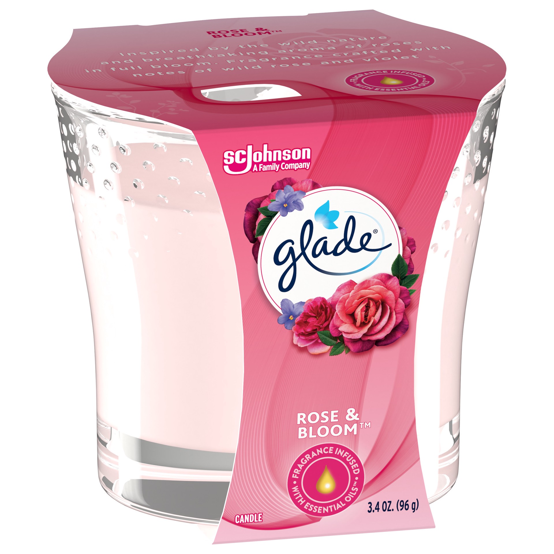 slide 5 of 5, Glade Scented Candle Jar, Rose & Bloom, Fragrance Infused with Essential Oils, 3.4 oz, 1 ct