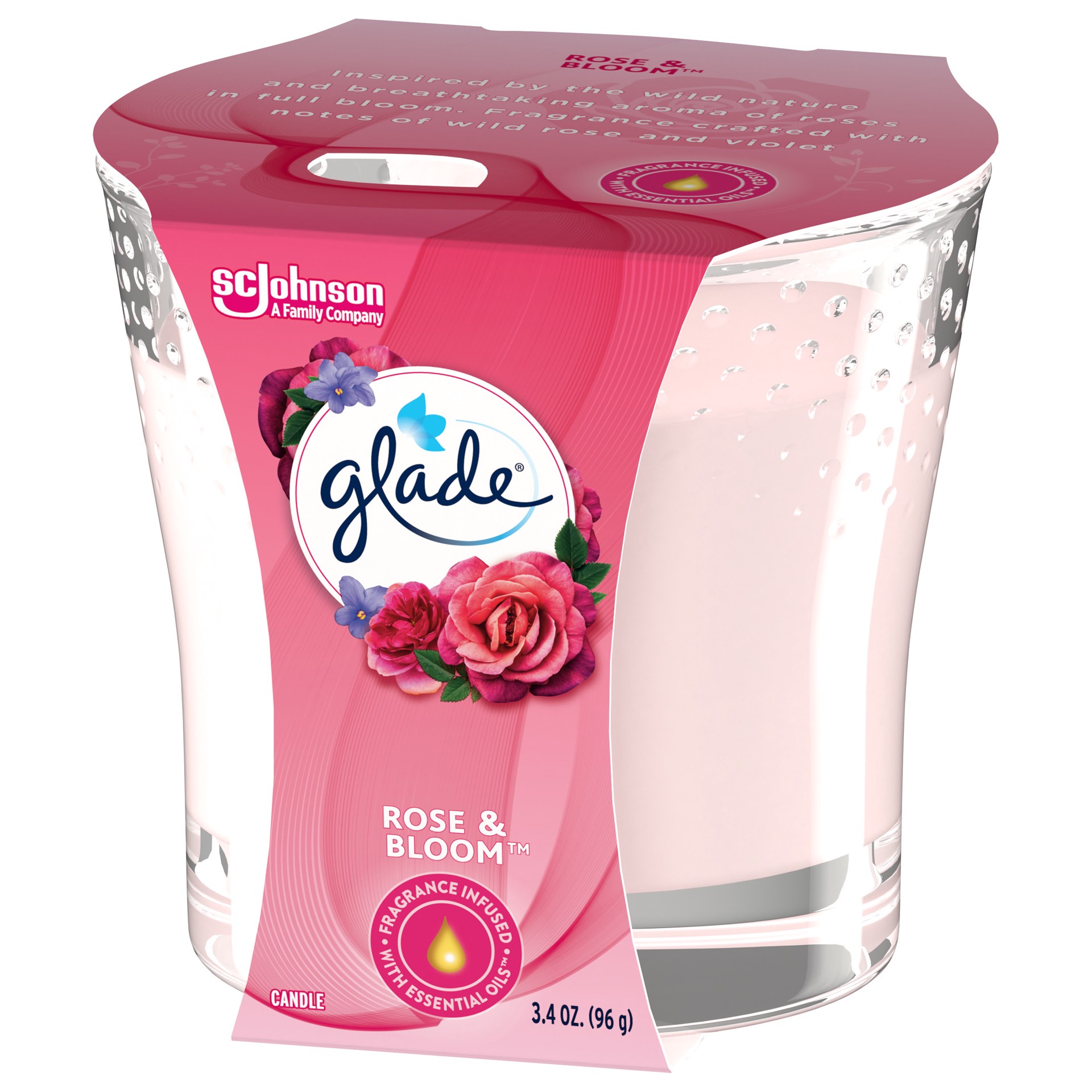 slide 4 of 5, Glade Scented Candle Jar, Rose & Bloom, Fragrance Infused with Essential Oils, 3.4 oz, 1 ct