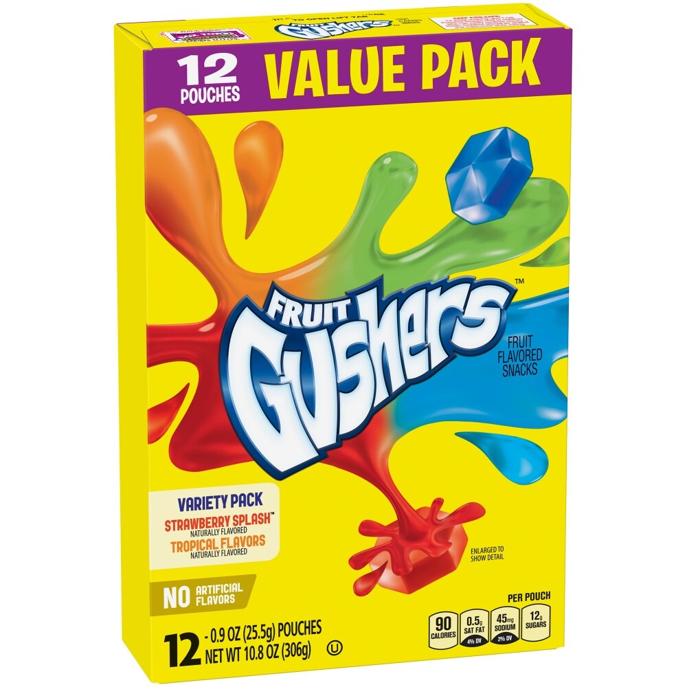 slide 1 of 1, Fruit Gushers Strawberry Splash and Tropical Flavors Variety Pack Fruit Rolls, 12 ct; 0.9 oz