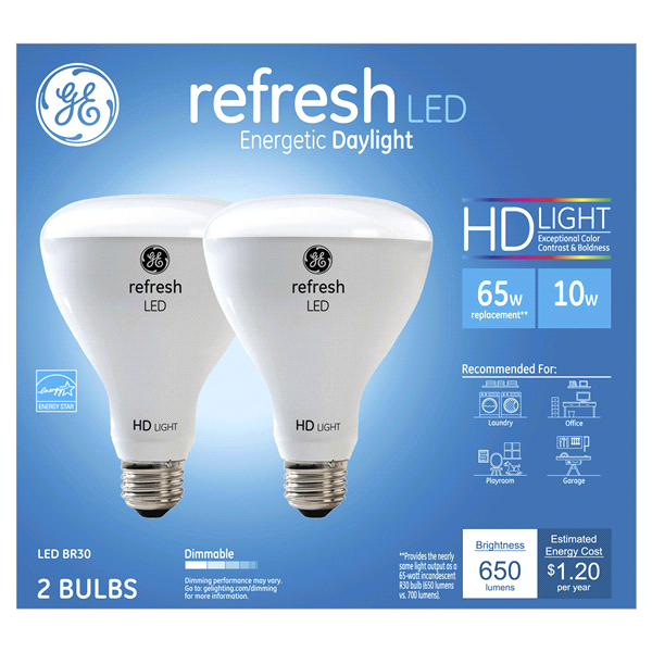 slide 1 of 1, GE Led 65w Equivalent Daylight High Definition Br30 Dimmable Led Light Bulb, 2 ct