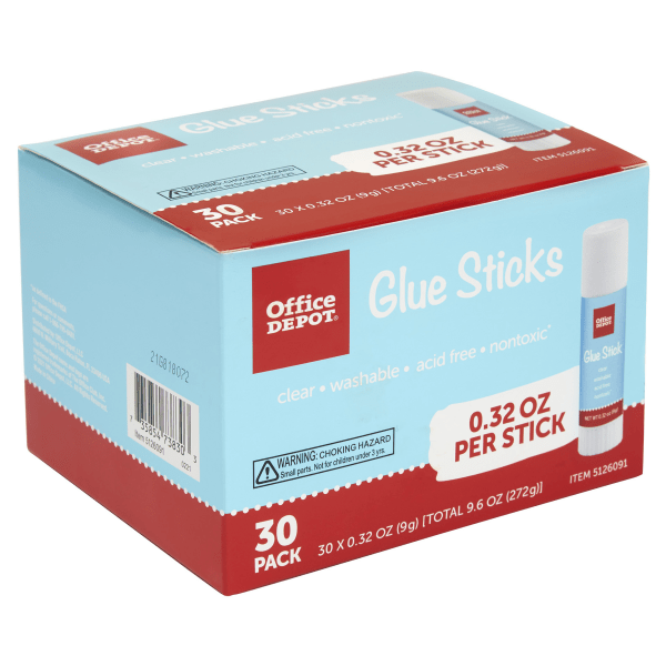 slide 5 of 5, Office Depot Brand Glue Sticks, 0.32 Oz, Clear, Pack Of 30 Glue Sticks, 30 ct