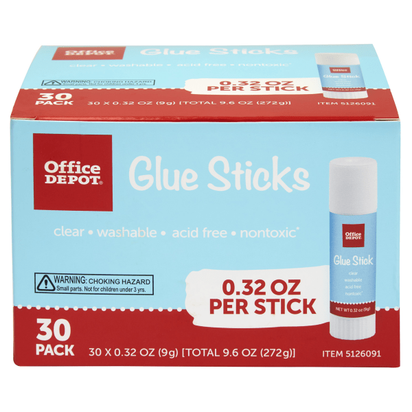 slide 4 of 5, Office Depot Brand Glue Sticks, 0.32 Oz, Clear, Pack Of 30 Glue Sticks, 30 ct