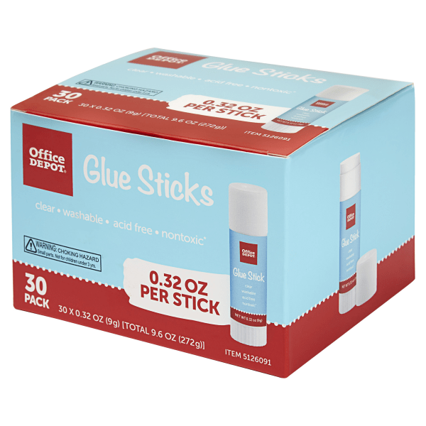 slide 2 of 5, Office Depot Brand Glue Sticks, 0.32 Oz, Clear, Pack Of 30 Glue Sticks, 30 ct