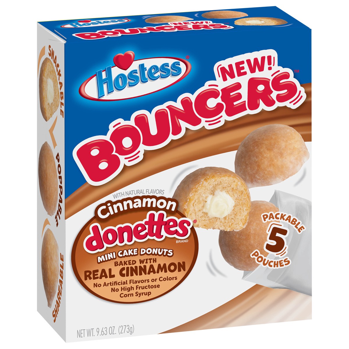 slide 8 of 9, HOSTESS BOUNCERS Cinnamon DONETTES, Packable Pouches, Perfect for Lunchboxes – 5 Pouches , 9.63 oz, 9.63 oz