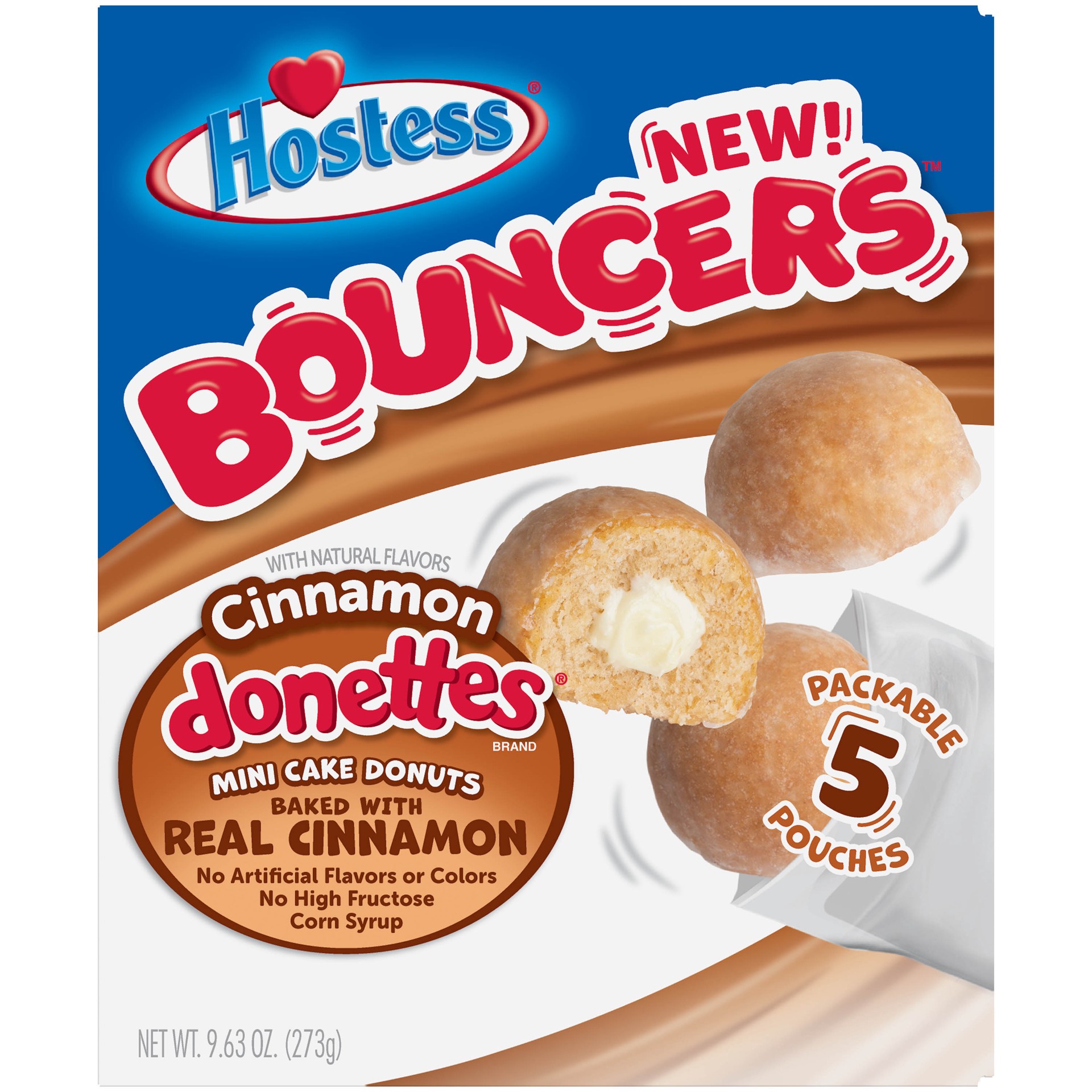 slide 1 of 9, HOSTESS BOUNCERS Cinnamon DONETTES, Packable Pouches, Perfect for Lunchboxes – 5 Pouches , 9.63 oz, 9.63 oz