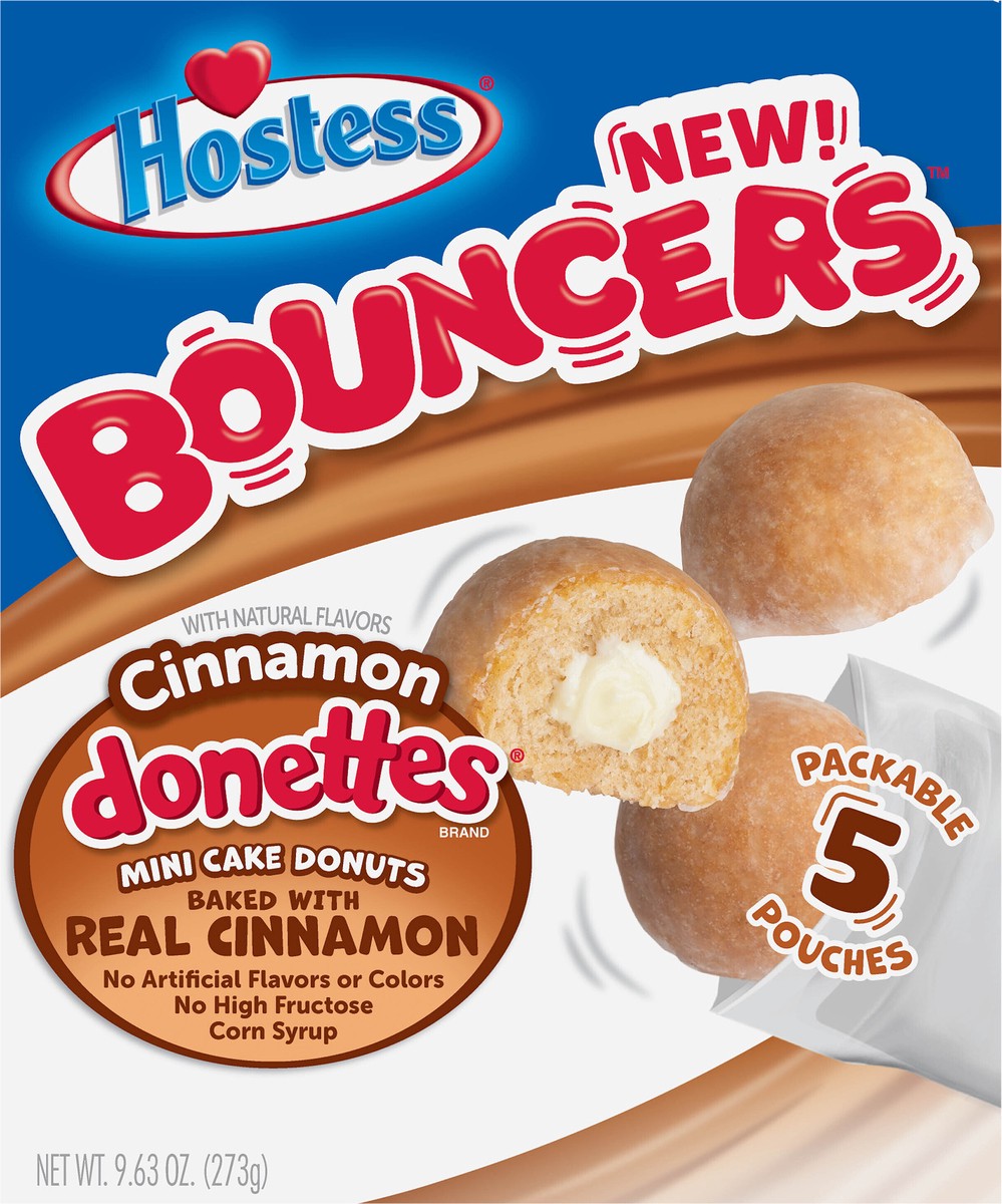 slide 3 of 9, HOSTESS BOUNCERS Cinnamon DONETTES, Packable Pouches, Perfect for Lunchboxes – 5 Pouches , 9.63 oz, 9.63 oz