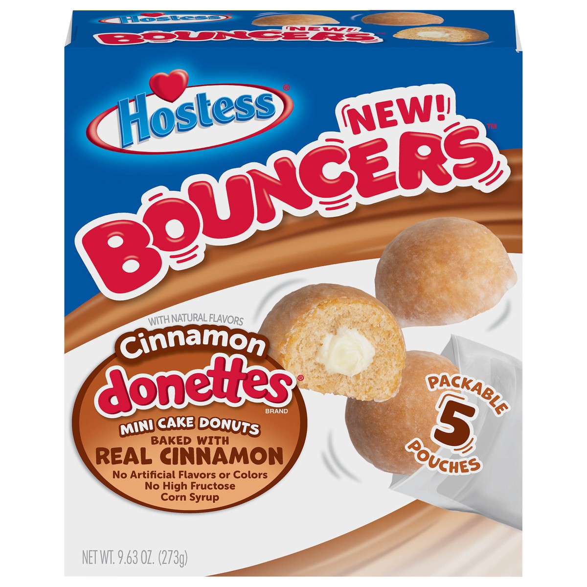 slide 1 of 9, HOSTESS BOUNCERS Cinnamon DONETTES, Packable Pouches, Perfect for Lunchboxes – 5 Pouches , 9.63 oz, 5 ct