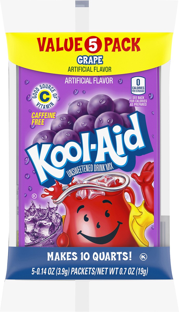 slide 8 of 9, Kool-Aid Unsweetened Grape Artificially Flavored Powdered Soft Drink Mix Value Pack, 5 ct Pack, 0.14 oz Packets, 5 ct