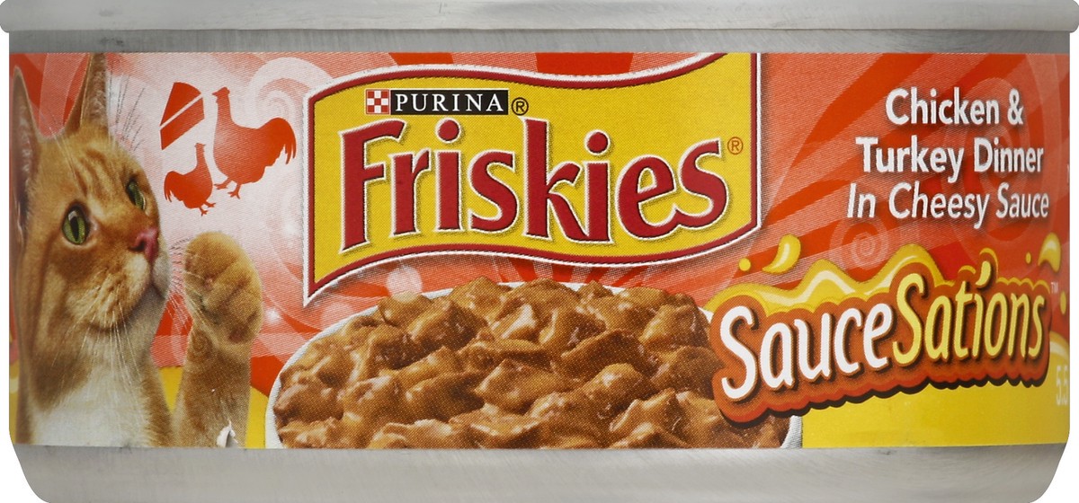 slide 2 of 2, Purina Friskies SauceSations Chicken & Turkey Dinner in Cheesy Sauce Cat Food, 5.5 oz