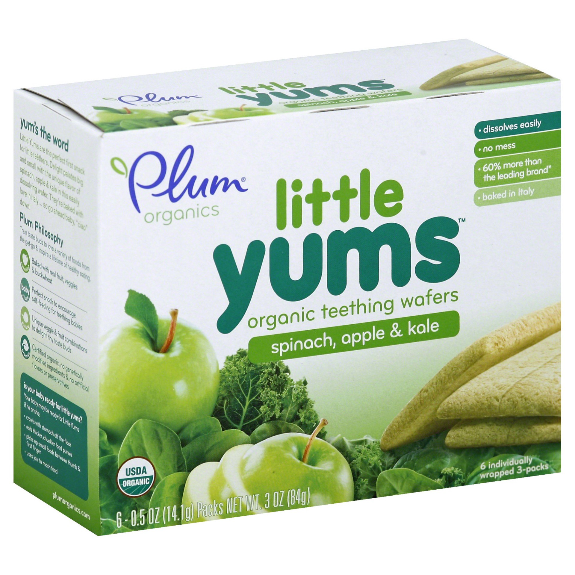 slide 1 of 5, Plum Organics Little Yums Teething Wafers Spinach Apple & Kale, 3 ct