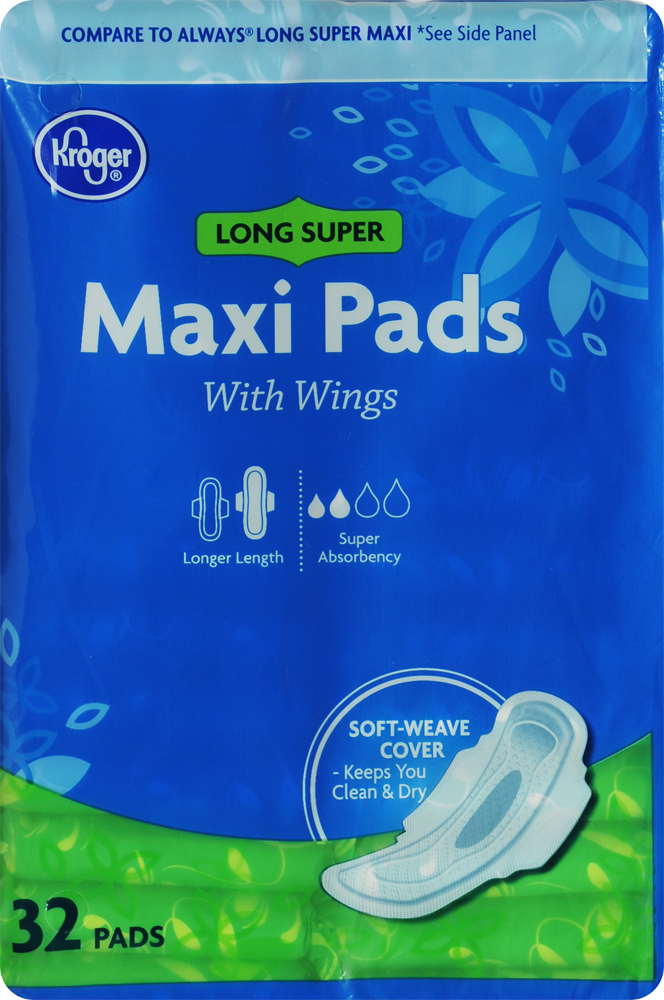 slide 1 of 1, Kroger Super Long With Wings Maxi Pads, 32 ct