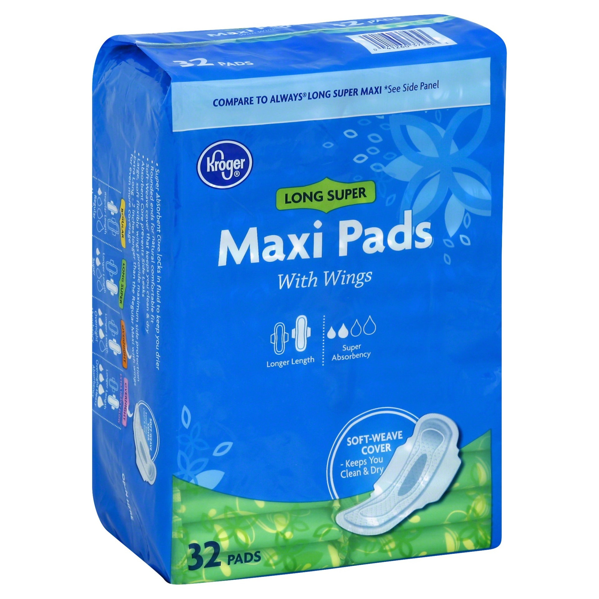 slide 1 of 1, Kroger Super Long With Wings Maxi Pads, 32 ct