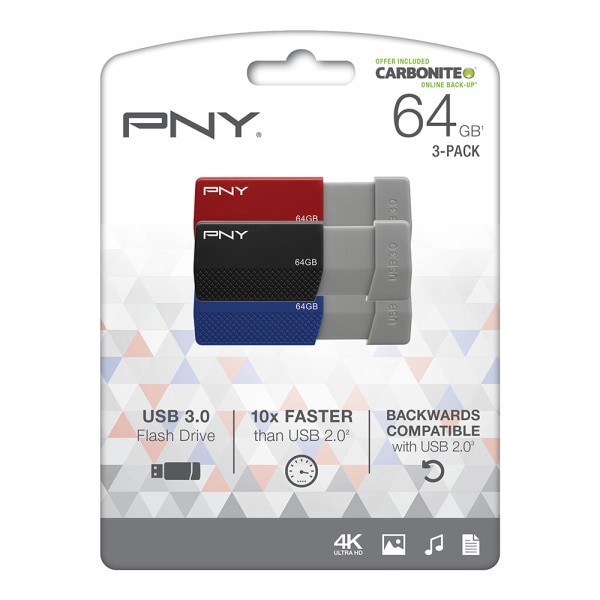 slide 4 of 8, PNY Usb 3.0 Flash Drives, 64Gb, Assorted Colors, Pack Of 3 Drives, 3 ct