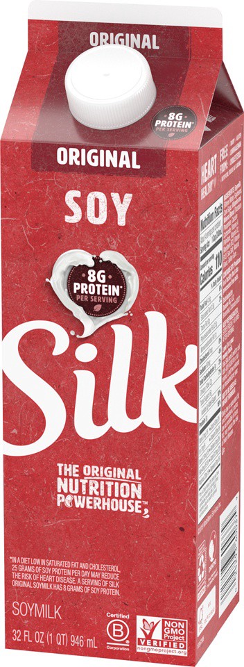 slide 2 of 8, Silk Soy Milk, Original, Dairy-Free, Vegan, Non-GMO Project Verified, 1 Quart, 32 fl oz