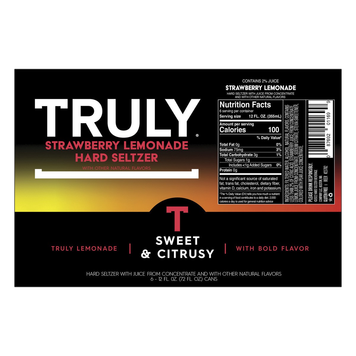 slide 2 of 6, TRULY Hard Seltzer Strawberry Lemonade (12 fl. oz. Can, 6pk.), 6 ct; 12 oz