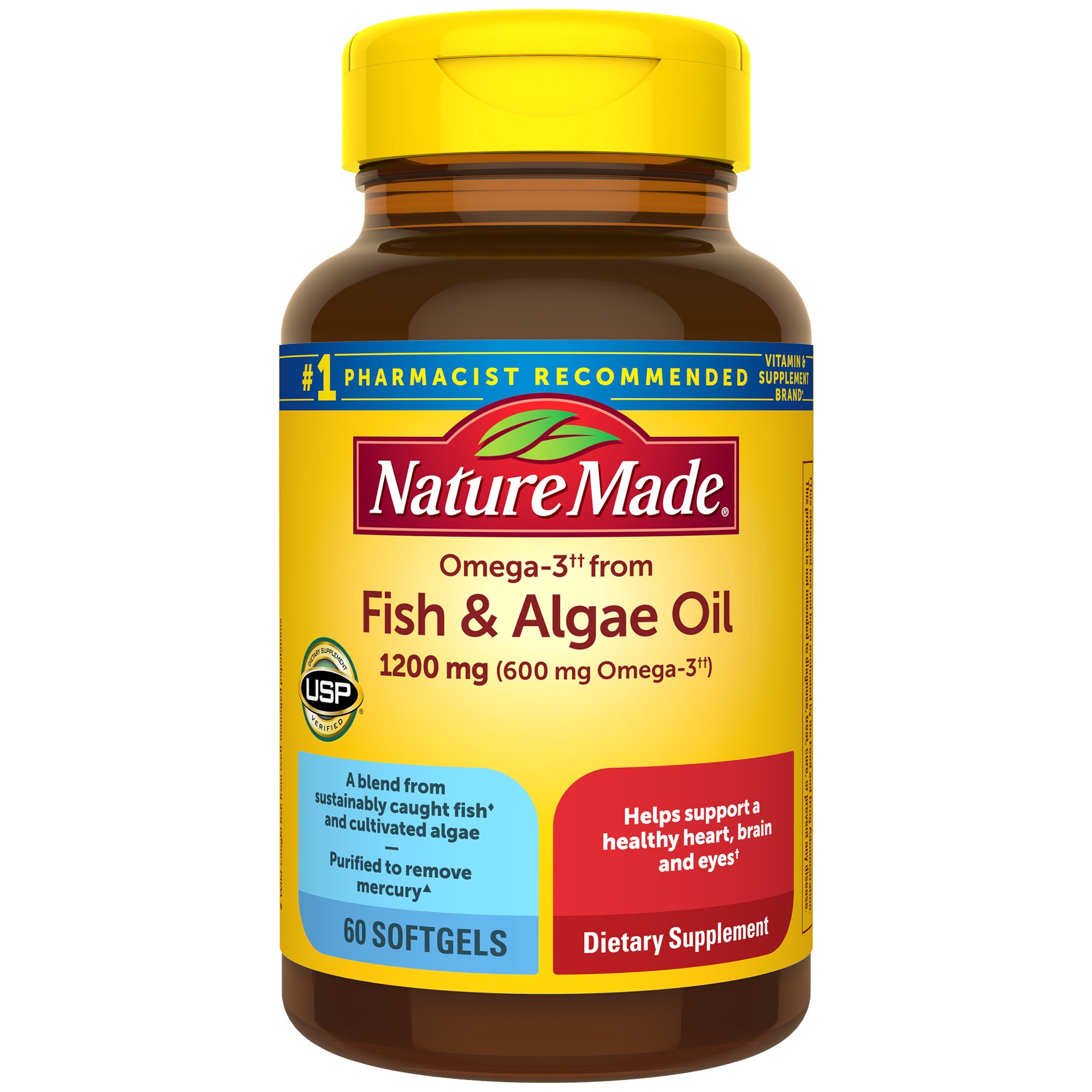 slide 1 of 7, Nature Made Omega 3 Fish Oil and Algae Oil Supplements, 1200mg, Omega 3 Supplement for Heart, Brain and Eyes Support, One Per Day, 60 Softgels, 60 ct