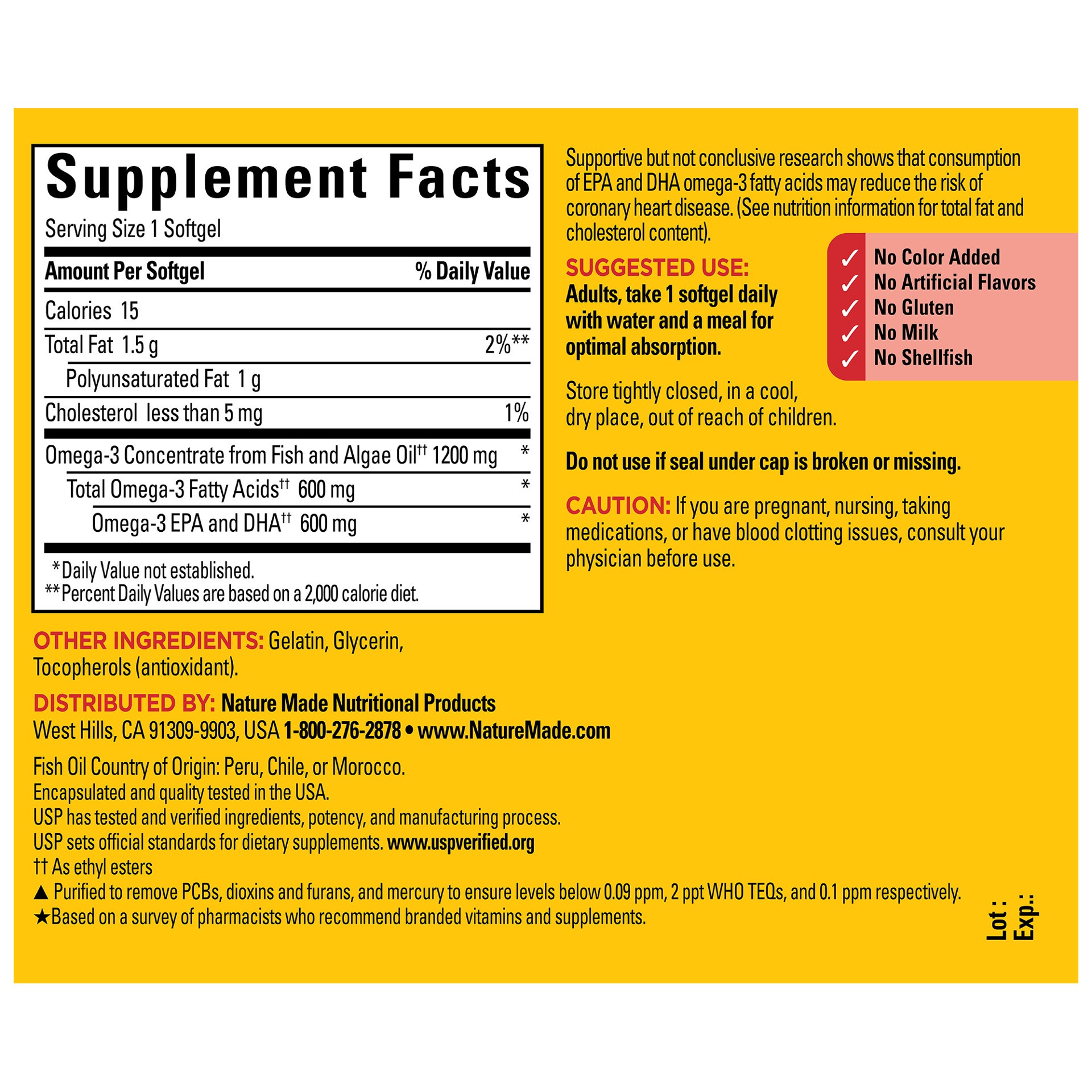 slide 7 of 7, Nature Made Omega 3 Fish Oil and Algae Oil Supplements, 1200mg, Omega 3 Supplement for Heart, Brain and Eyes Support, One Per Day, 60 Softgels, 60 ct