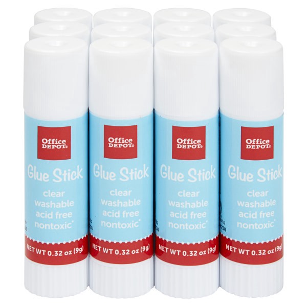 slide 3 of 3, Office Depot Brand Glue Sticks, 0.32 Oz, Clear, Pack Of 12 Glue Sticks, 12 ct
