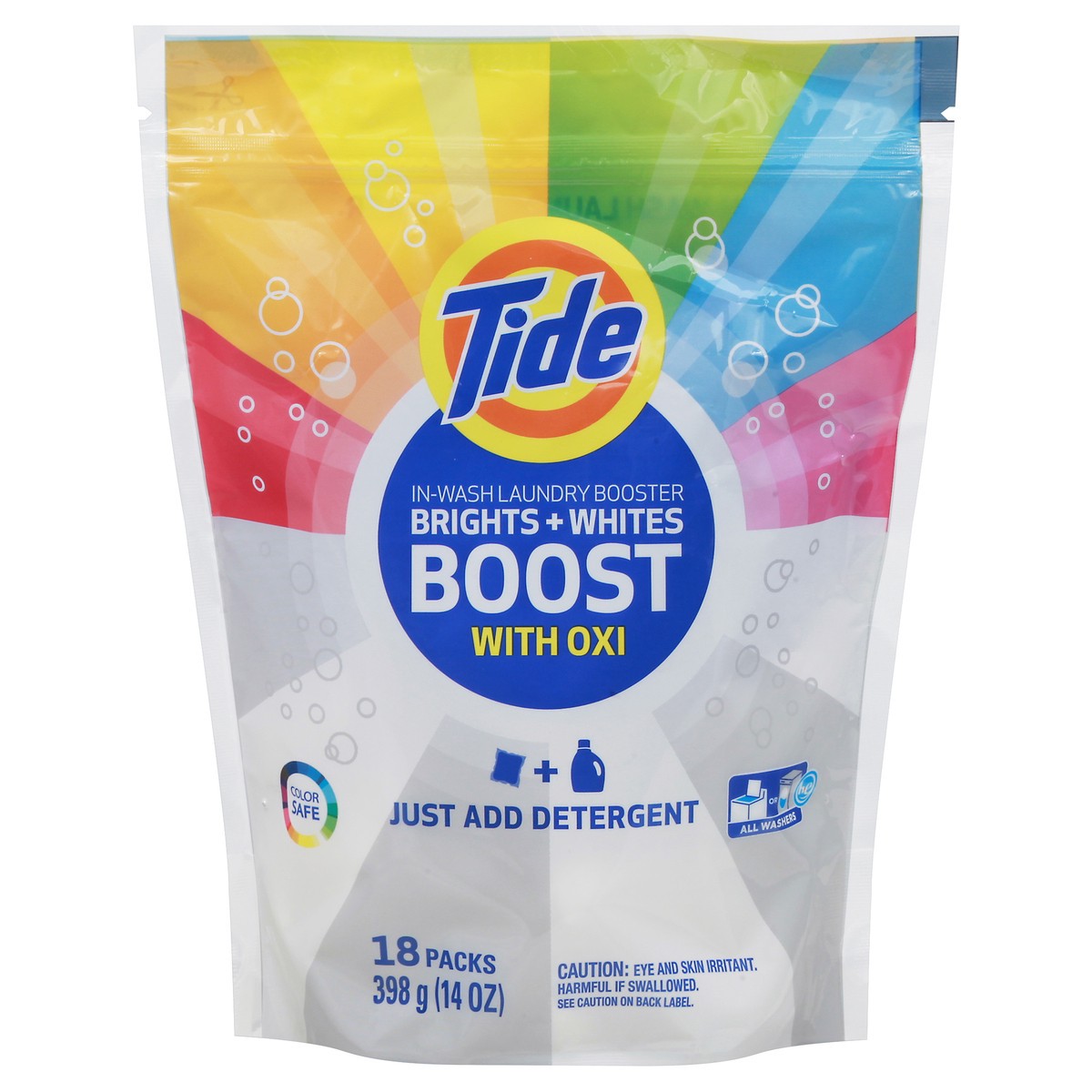 slide 10 of 13, Tide In-Wash Brights + Whites Laundry Booster 18 Packs - 14 oz, 18 ct