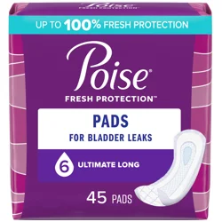 Poise Incontinence Pads & Postpartum Incontinence Pads, 6 Drop Ultimate Absorbency, Long Length, 45 Count