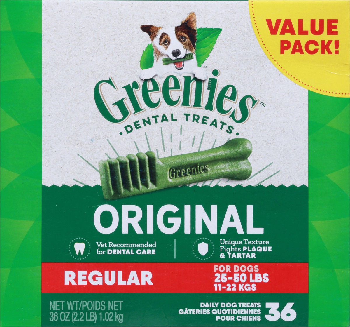 slide 5 of 9, Greenies Dental Treats Regular 25-50 Lbs (11-22 kgs) Daily Original Dog Treats Value Pack 36 Each, 36 ct