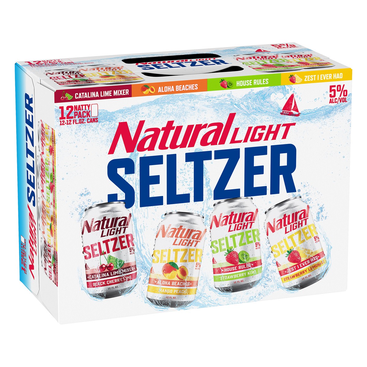 slide 3 of 8, Natural Light Hard Seltzer Variety Pack contains House Rules, Catalina Lime Mixer and Aloha Beaches hard seltzers. A refreshing blend of fruit flavors creates a light, fizzy drink. Each serving contains 133 calories and 6% ABV. 12 pack., 12 ct