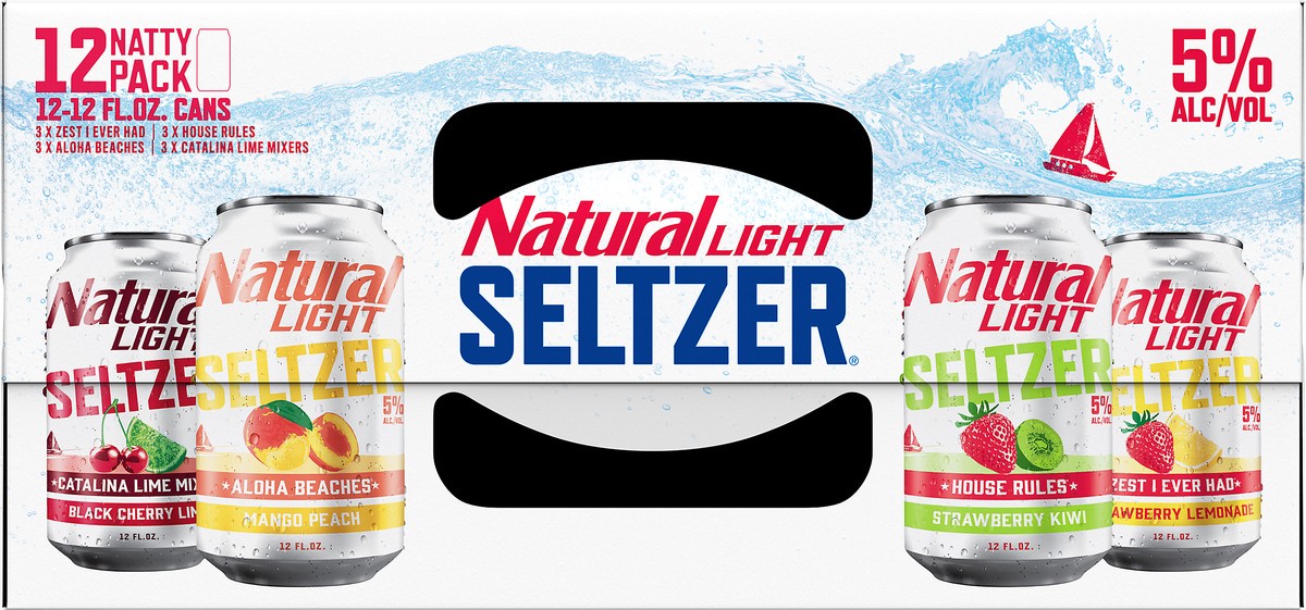 slide 8 of 8, Natural Light Hard Seltzer Variety Pack contains House Rules, Catalina Lime Mixer and Aloha Beaches hard seltzers. A refreshing blend of fruit flavors creates a light, fizzy drink. Each serving contains 133 calories and 6% ABV. 12 pack., 12 ct