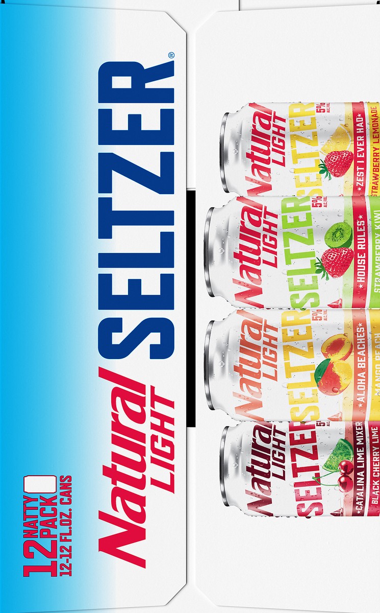 slide 2 of 8, Natural Light Hard Seltzer Variety Pack contains House Rules, Catalina Lime Mixer and Aloha Beaches hard seltzers. A refreshing blend of fruit flavors creates a light, fizzy drink. Each serving contains 133 calories and 6% ABV. 12 pack., 12 ct