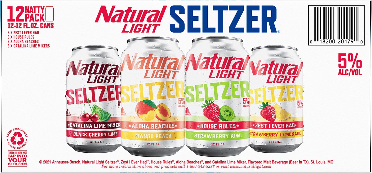 slide 6 of 8, Natural Light Hard Seltzer Variety Pack contains House Rules, Catalina Lime Mixer and Aloha Beaches hard seltzers. A refreshing blend of fruit flavors creates a light, fizzy drink. Each serving contains 133 calories and 6% ABV. 12 pack., 12 ct