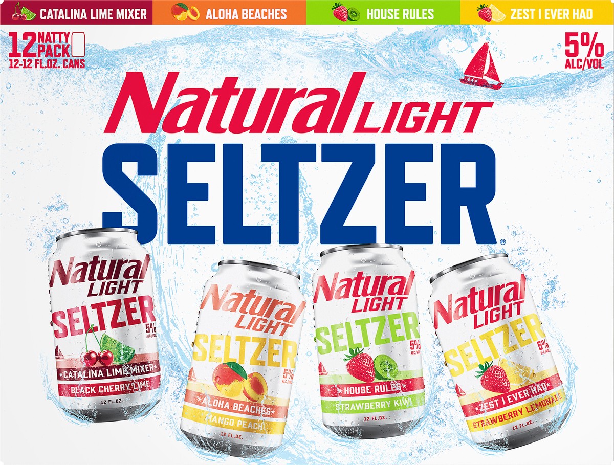 slide 4 of 8, Natural Light Hard Seltzer Variety Pack contains House Rules, Catalina Lime Mixer and Aloha Beaches hard seltzers. A refreshing blend of fruit flavors creates a light, fizzy drink. Each serving contains 133 calories and 6% ABV. 12 pack., 12 ct