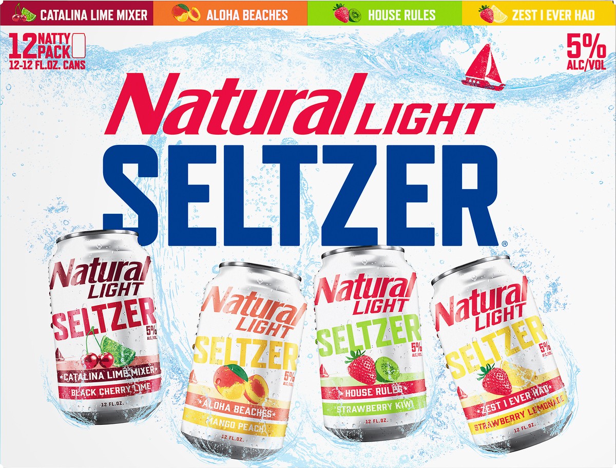 slide 5 of 8, Natural Light Hard Seltzer Variety Pack contains House Rules, Catalina Lime Mixer and Aloha Beaches hard seltzers. A refreshing blend of fruit flavors creates a light, fizzy drink. Each serving contains 133 calories and 6% ABV. 12 pack., 12 ct