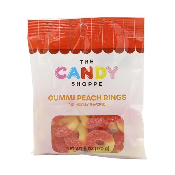slide 1 of 1, Hy-Vee The Candy Shoppe Gummi Peach Rings, 6 oz
