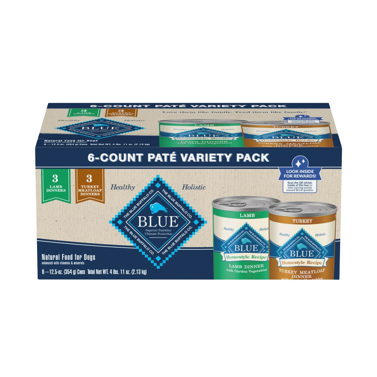 slide 1 of 13, Blue Buffalo Homestyle Recipe Adult Wet Dog Food, Made with Natural Ingredients, Turkey and Lamb Dinner Variety Pack, 12.5-oz Cans 6 Count, 3 of each, 6 ct