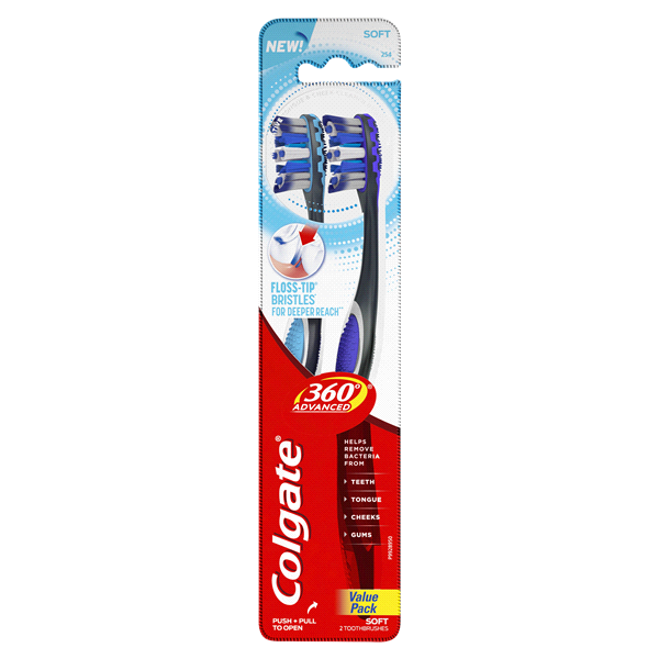 slide 1 of 7, Colgate 360° Advanced Floss-Tip Soft Bristles Toothbrush for adults, 4pk, 4 ct