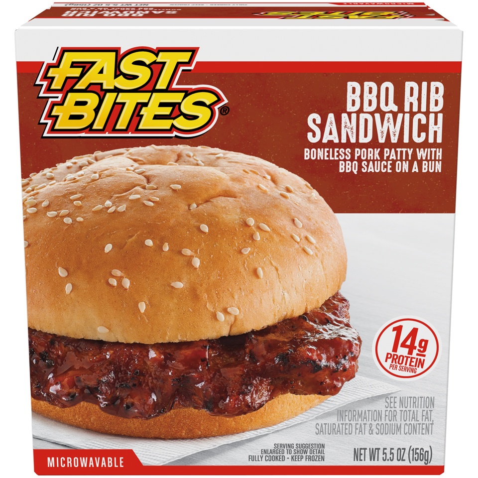slide 1 of 5, Fast Bites BBQ Rib Sandwich, 5.5 oz