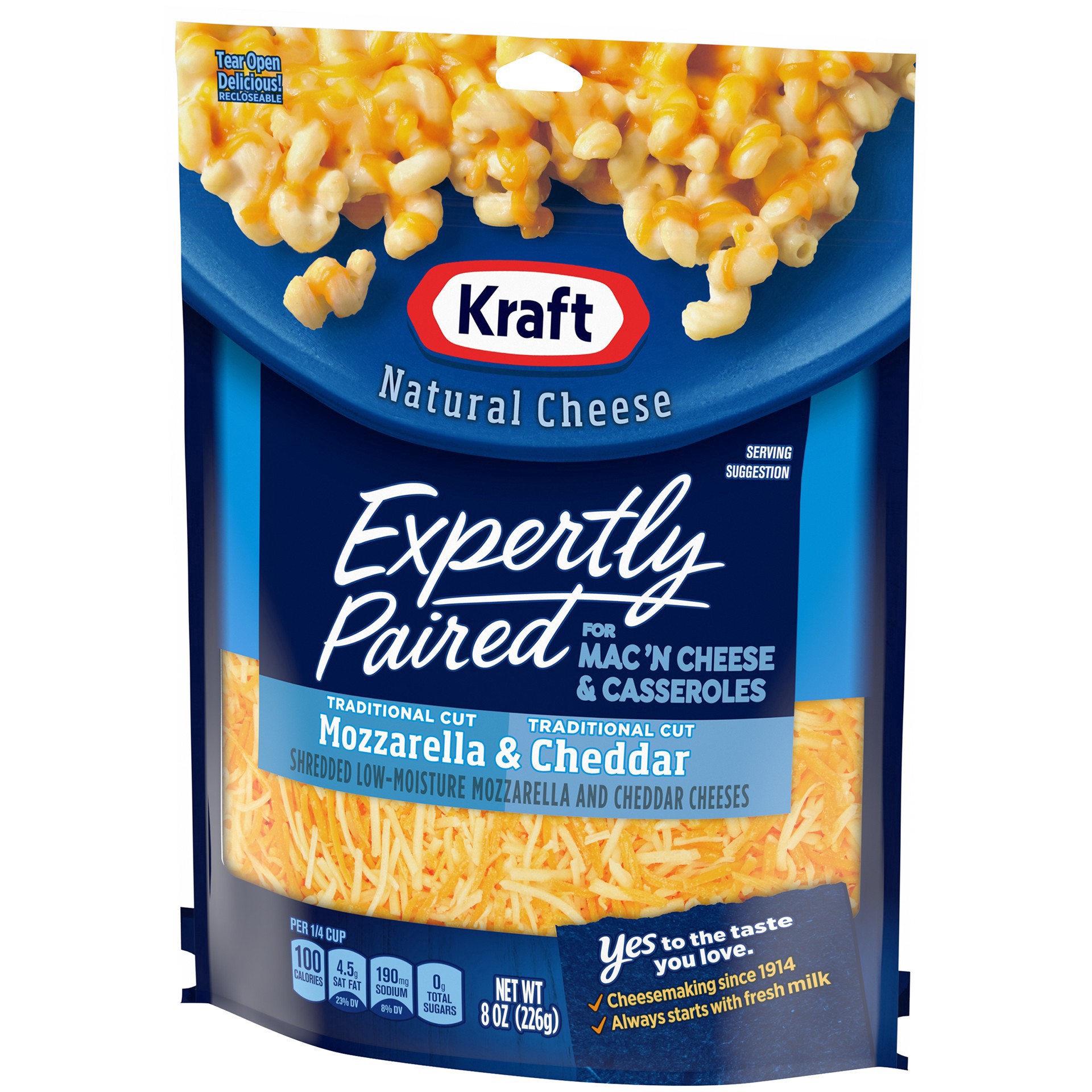 slide 8 of 46, Kraft Expertly Paired Mozzarella & Cheddar Shredded Cheese for Mac 'N Cheese & Casseroles, 8 oz Bag, 8 oz