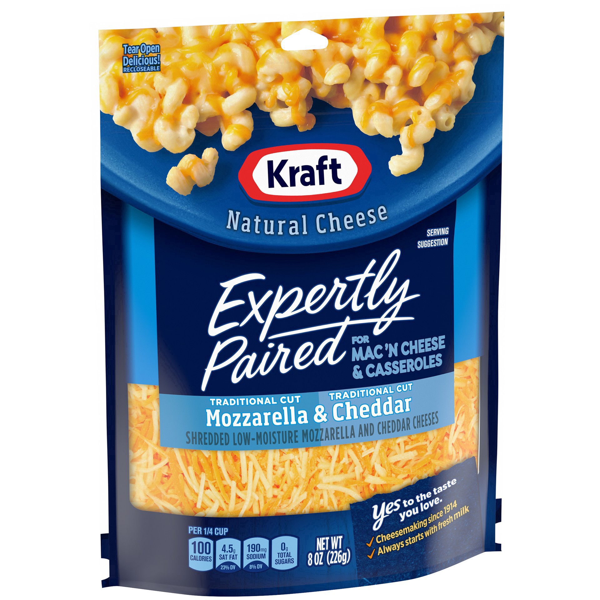 slide 42 of 46, Kraft Expertly Paired Mozzarella & Cheddar Shredded Cheese for Mac 'N Cheese & Casseroles, 8 oz Bag, 8 oz