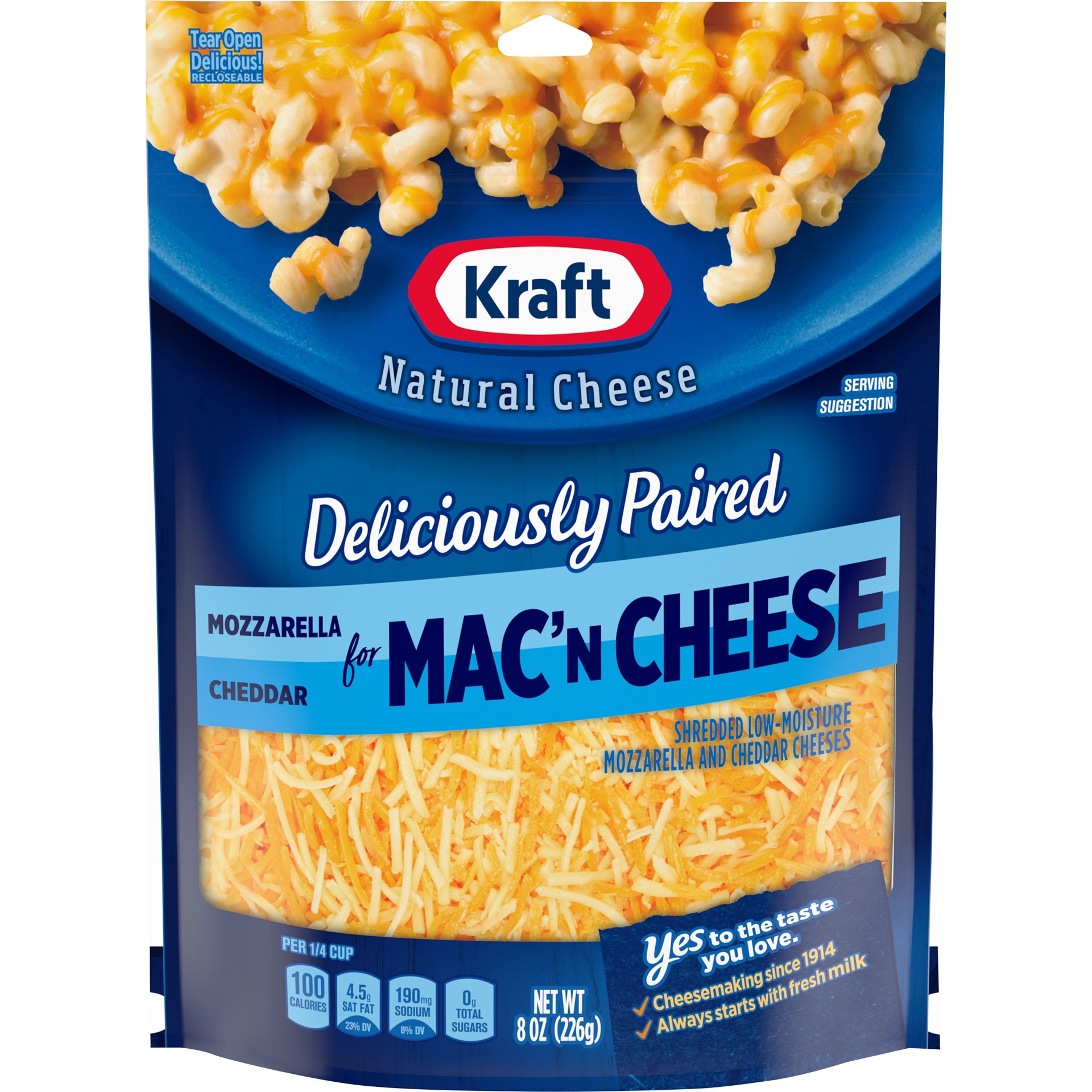 slide 1 of 46, Kraft Expertly Paired Mozzarella & Cheddar Shredded Cheese for Mac 'N Cheese & Casseroles, 8 oz Bag, 8 oz