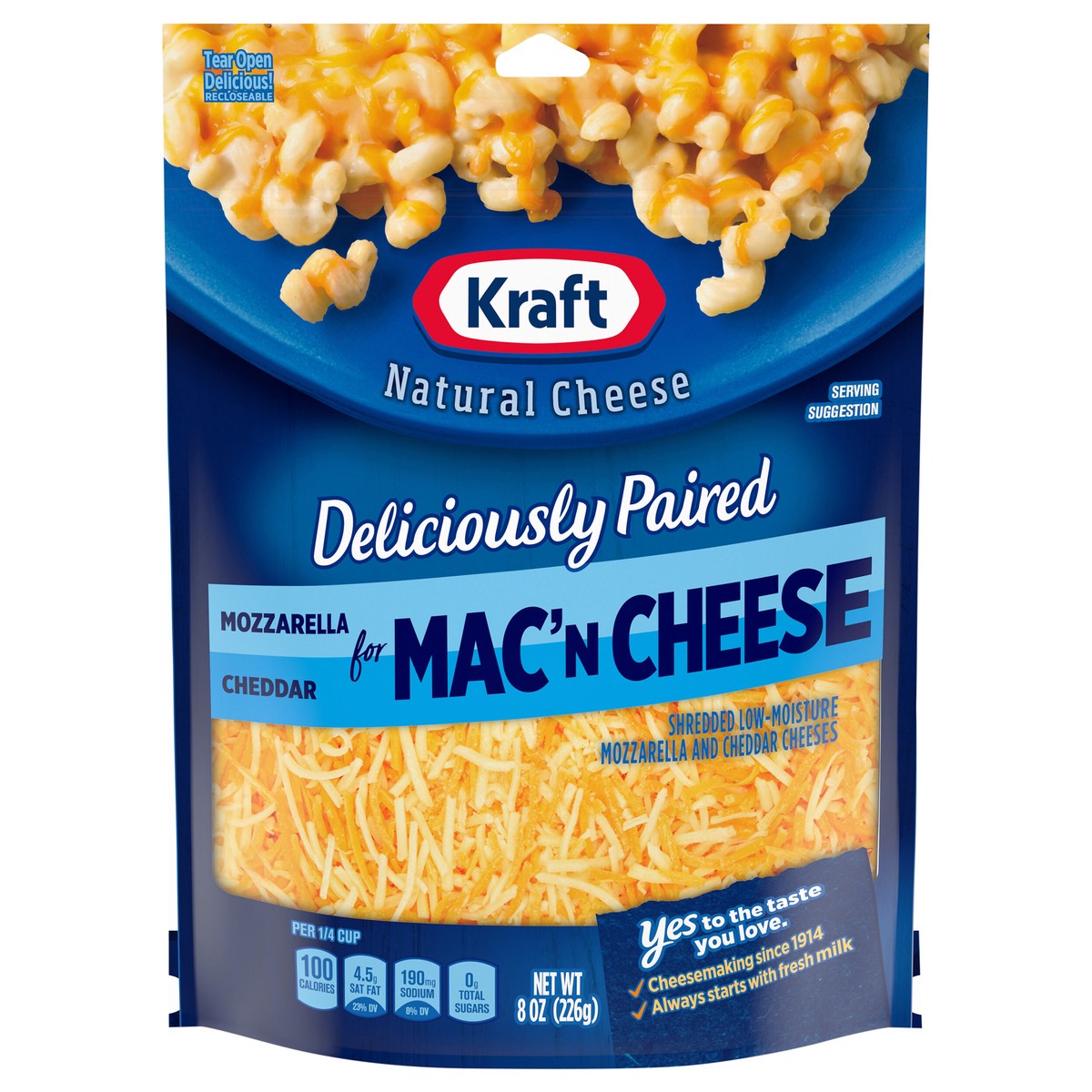 slide 1 of 46, Kraft Expertly Paired Mozzarella & Cheddar Shredded Cheese for Mac 'N Cheese & Casseroles, 8 oz Bag, 8 oz