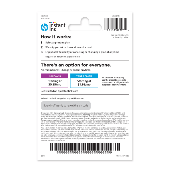slide 2 of 2, HP InstInk US BHN Prepaid 5 PS Card, Monthly Subscription, 1 ct