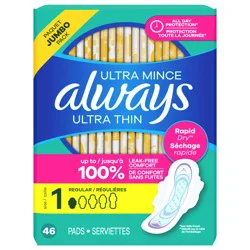 Always Ultra Thin Feminine Pads with Wings for Women, Size 1, Regular Absorbency, Unscented, 46 Count