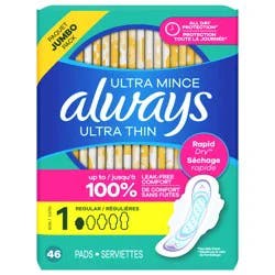 Always Ultra Thin Feminine Pads with Wings for Women, Size 1, Regular Absorbency, Unscented, 46 Count