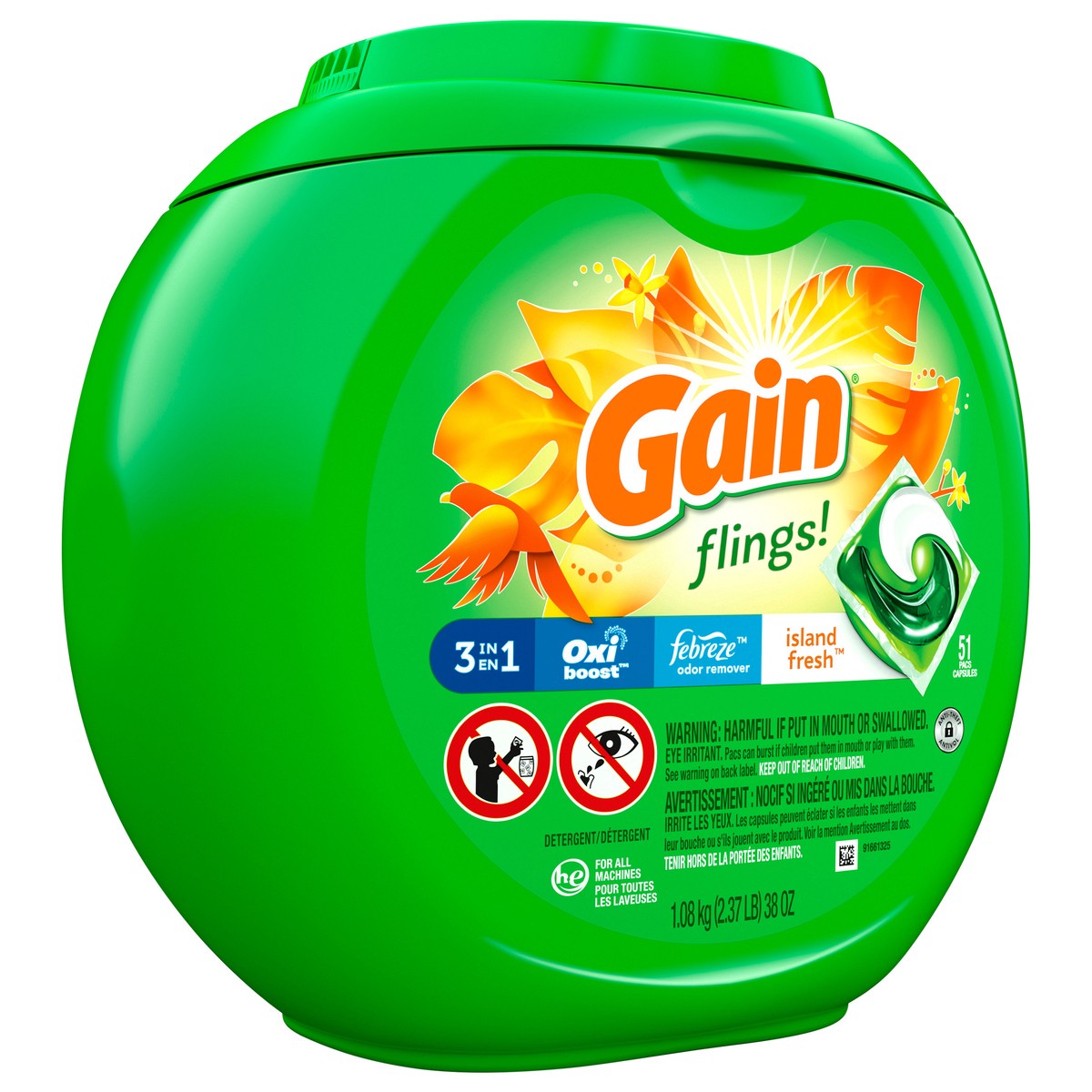 slide 2 of 4, Gain flings! Liquid Laundry Detergent Soap Pacs, HE Compatible, 51 Count, Long Lasting Scent, Island Fresh Scent, 51 ct
