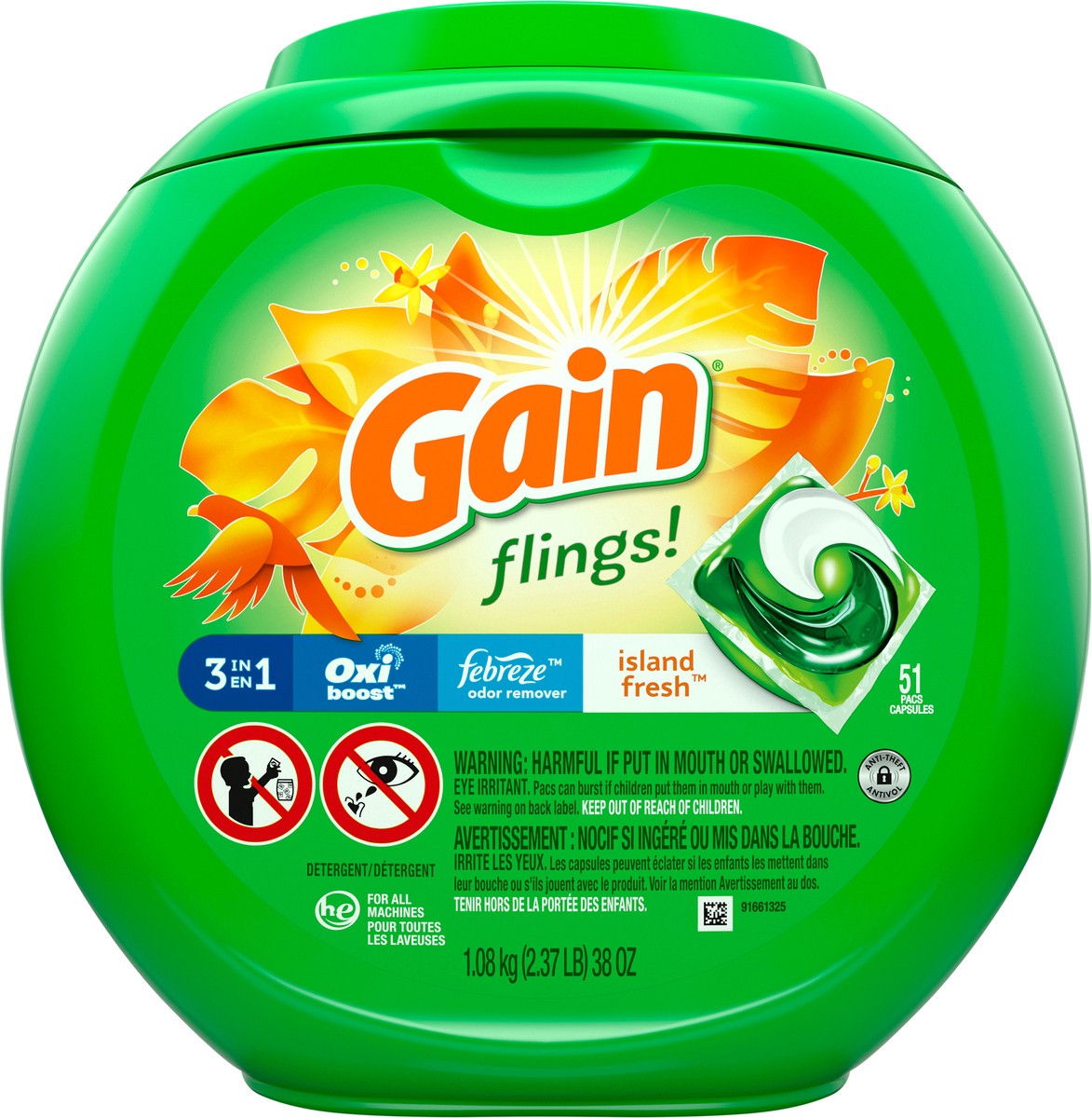 slide 4 of 4, Gain flings! Liquid Laundry Detergent Soap Pacs, HE Compatible, 51 Count, Long Lasting Scent, Island Fresh Scent, 51 ct