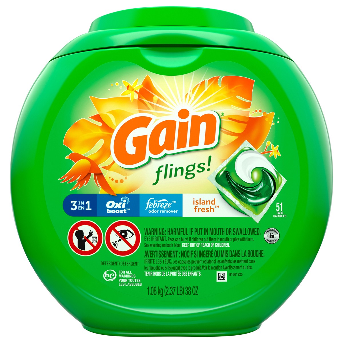 slide 1 of 4, Gain flings! Liquid Laundry Detergent Soap Pacs, HE Compatible, 51 Count, Long Lasting Scent, Island Fresh Scent, 51 ct