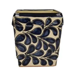 Blue Orange Pottery Navy Leaf Square Talavera Planter