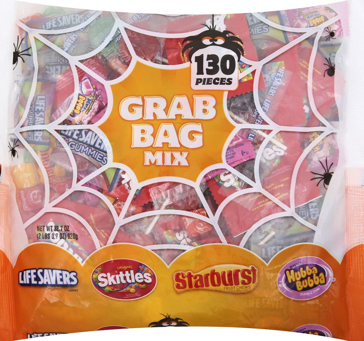 slide 2 of 8, Mixed Skittles, Starburst, Life Savers, and Hubba Bubba Gum Halloween Grab Bag, 130 Fun Size Pieces, 32.7 ounce, 32 oz