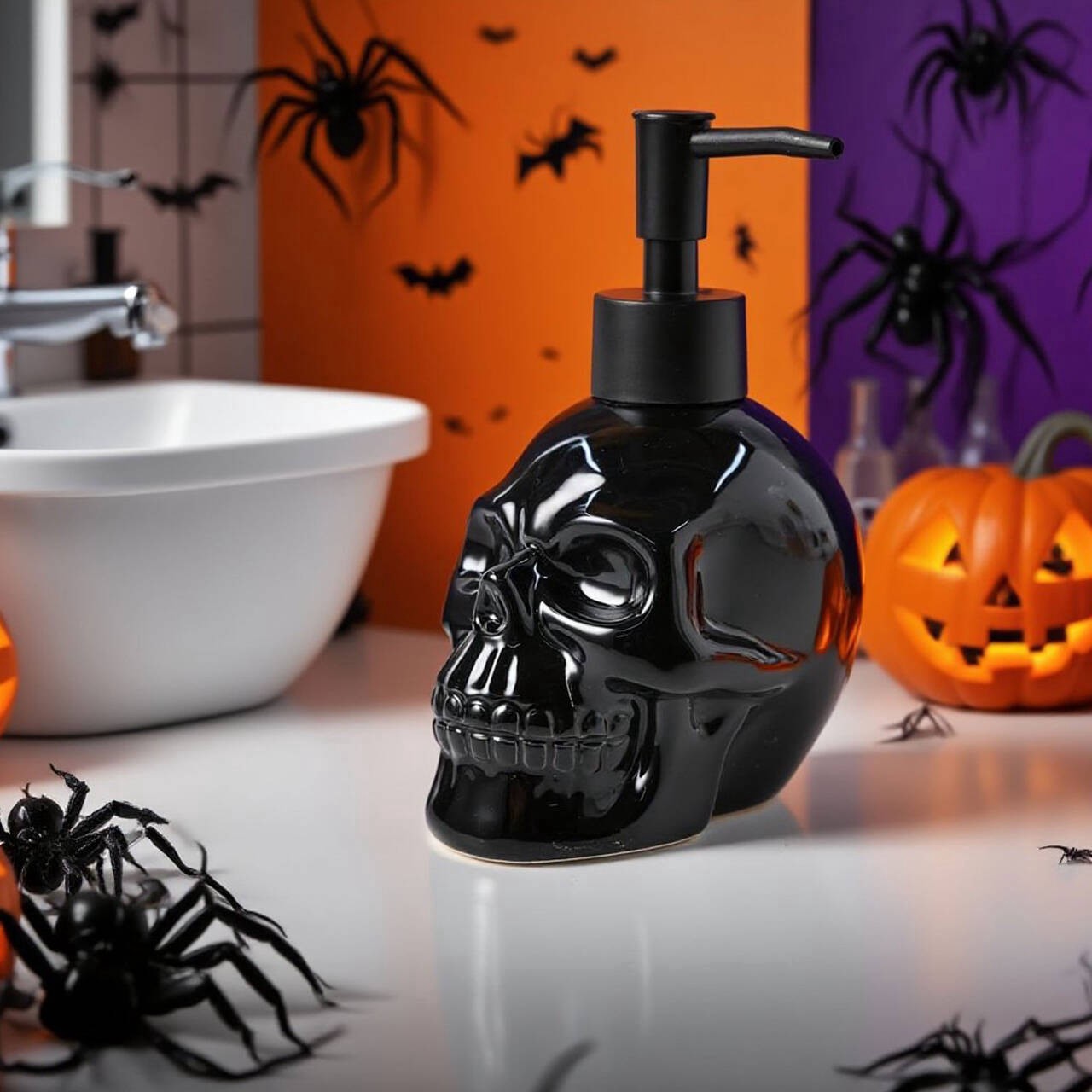 slide 2 of 3, 8.25oz. Black Ceramic Skull Hand Soap Dispenser By Ashland, 8.25 oz